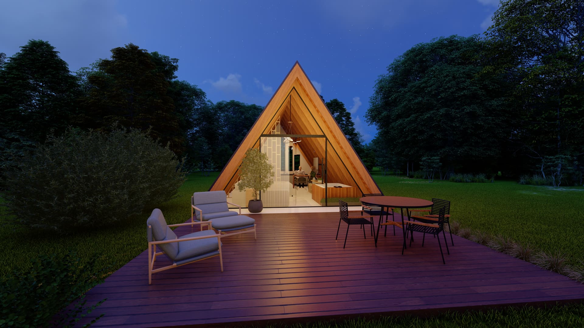 Chalé A-Frame à noite — iluminação interna e deck em madeira