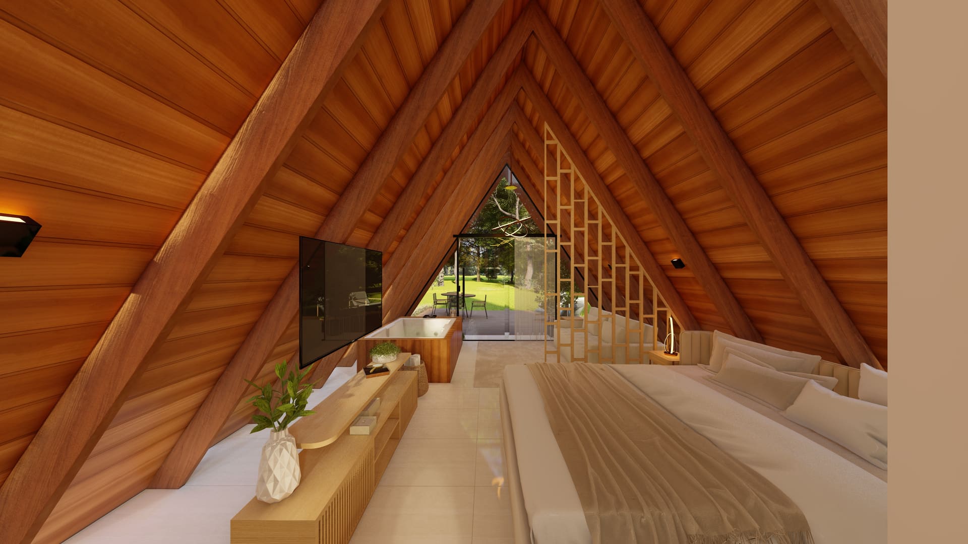 Mezanino com suíte — vigas MLC aparentes e luz natural
