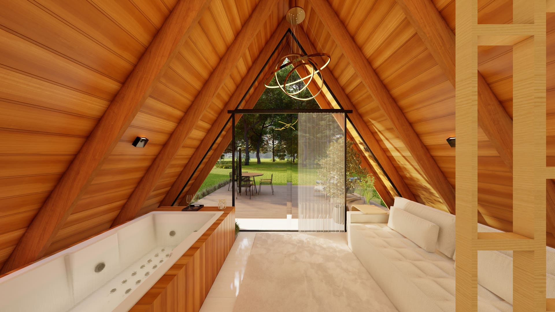 Interior do chalé A-frame — sala integrada com banheira e porta para o deck